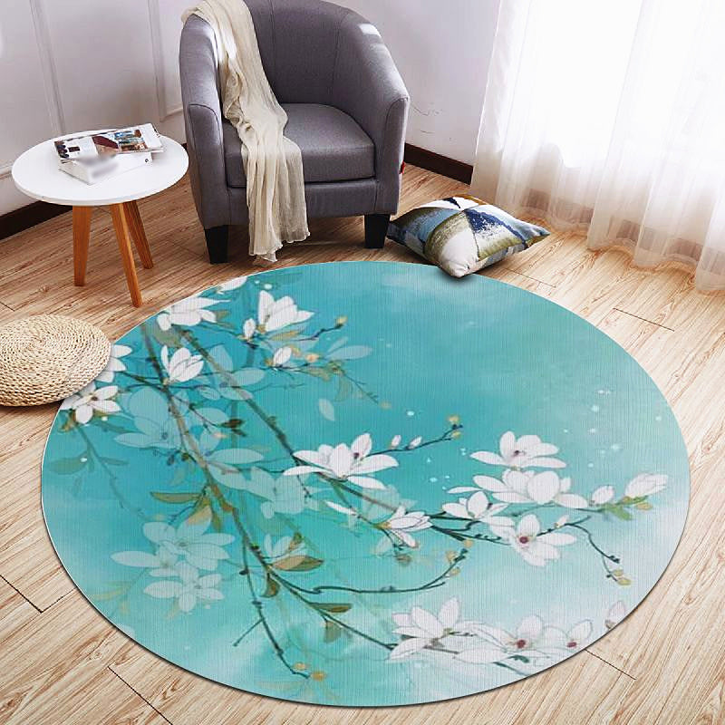 Round Solid Color Branch Print Rug Polyester Shabby Chic Anti-Slip Backing Indoor Rug for Living Room