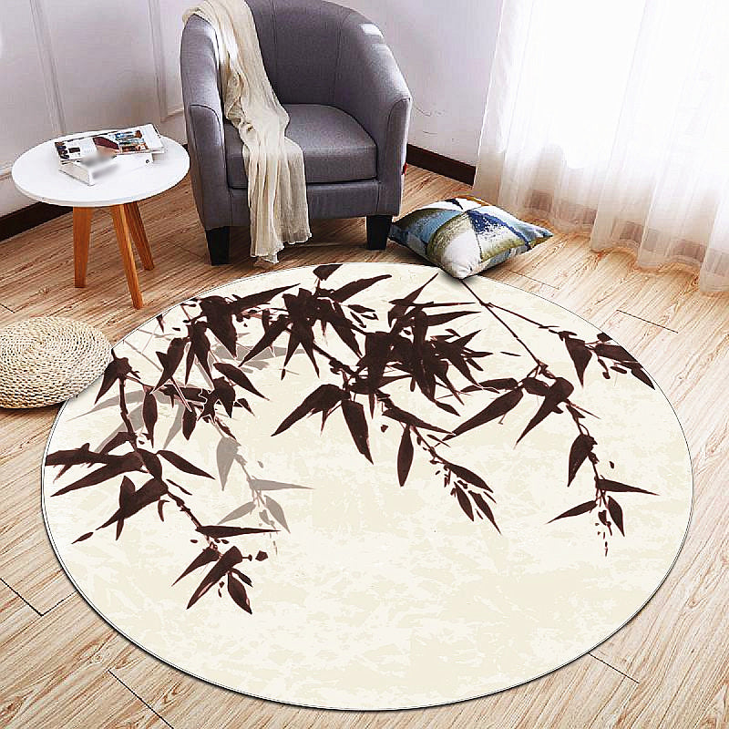 Round Solid Color Branch Print Rug Polyester Shabby Chic Anti-Slip Backing Indoor Rug for Living Room