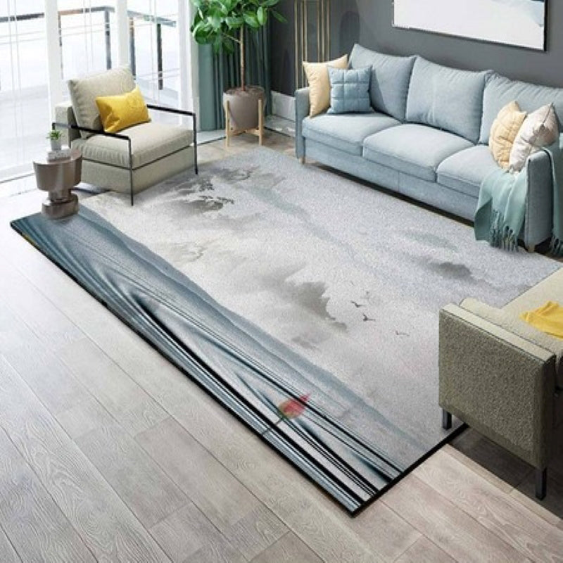 Grey Tone Vintage Area Rug Polyester Landscape Print Rug Non-Slip Backing Indoor Rug for Living Room