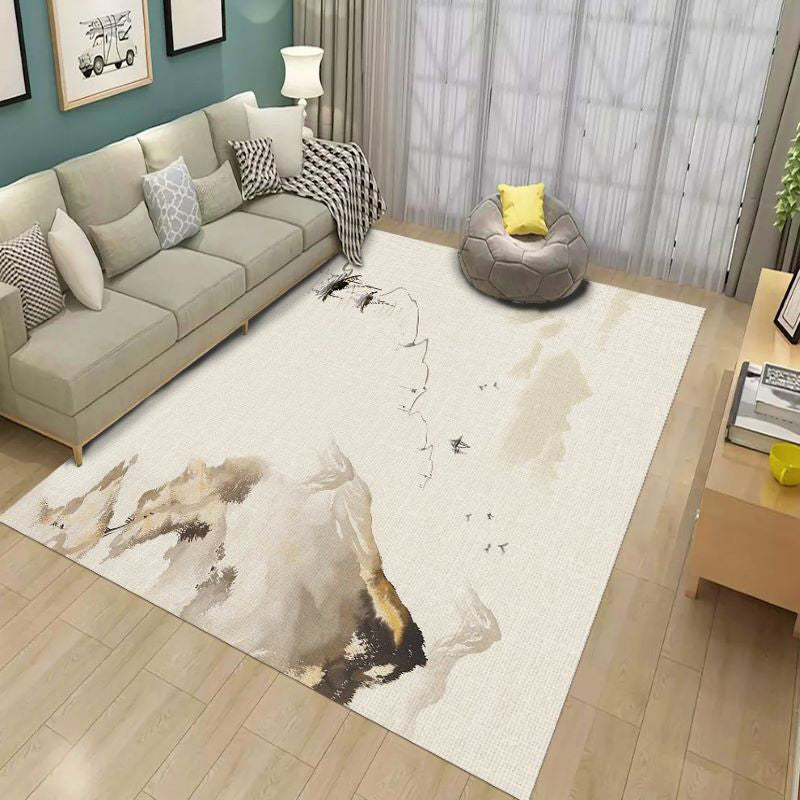 Grey Tone Vintage Area Rug Polyester Landscape Print Rug Non-Slip Backing Indoor Rug for Living Room