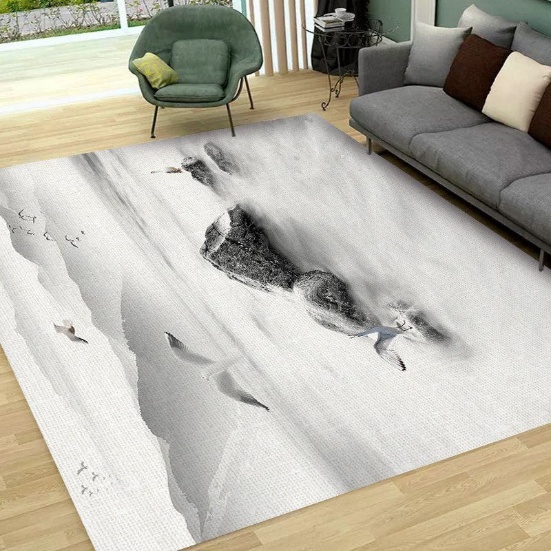 Grey Tone Vintage Area Rug Polyester Landscape Print Rug Non-Slip Backing Indoor Rug for Living Room