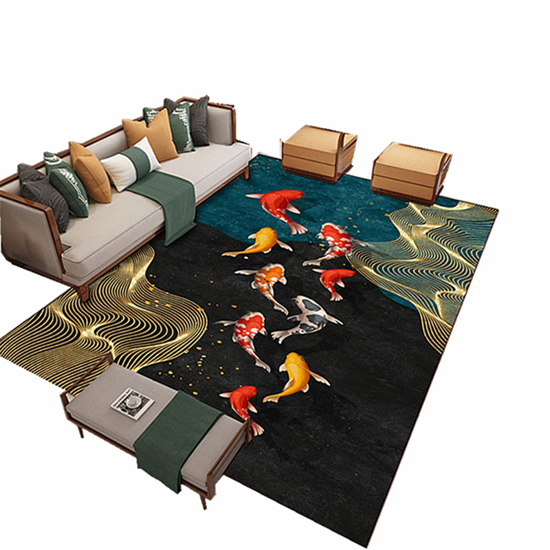 Nostalgia Fish Pattern Rug Dark Color Polyester Carpet Stain Resistant Indoor Rug for Home Decor