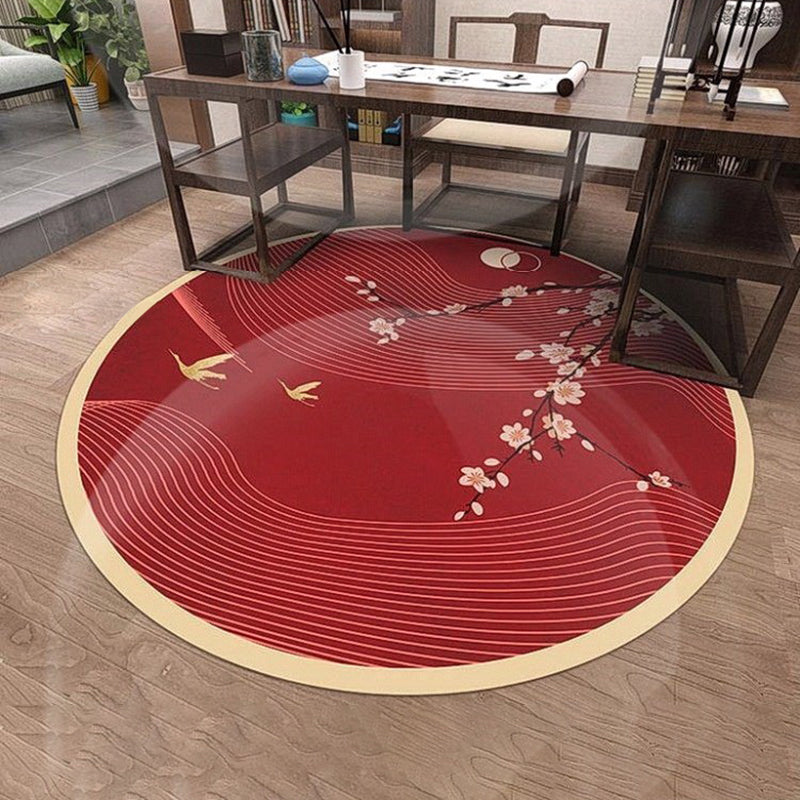 Round Red Tone Creative Area Carpet Polyester Animals Print Indoor Rug Anti-Slip Backing Carpet for Living Room