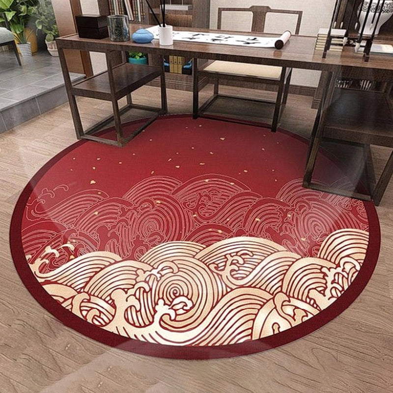 Round Red Tone Creative Area Carpet Polyester Animals Print Indoor Rug Anti-Slip Backing Carpet for Living Room