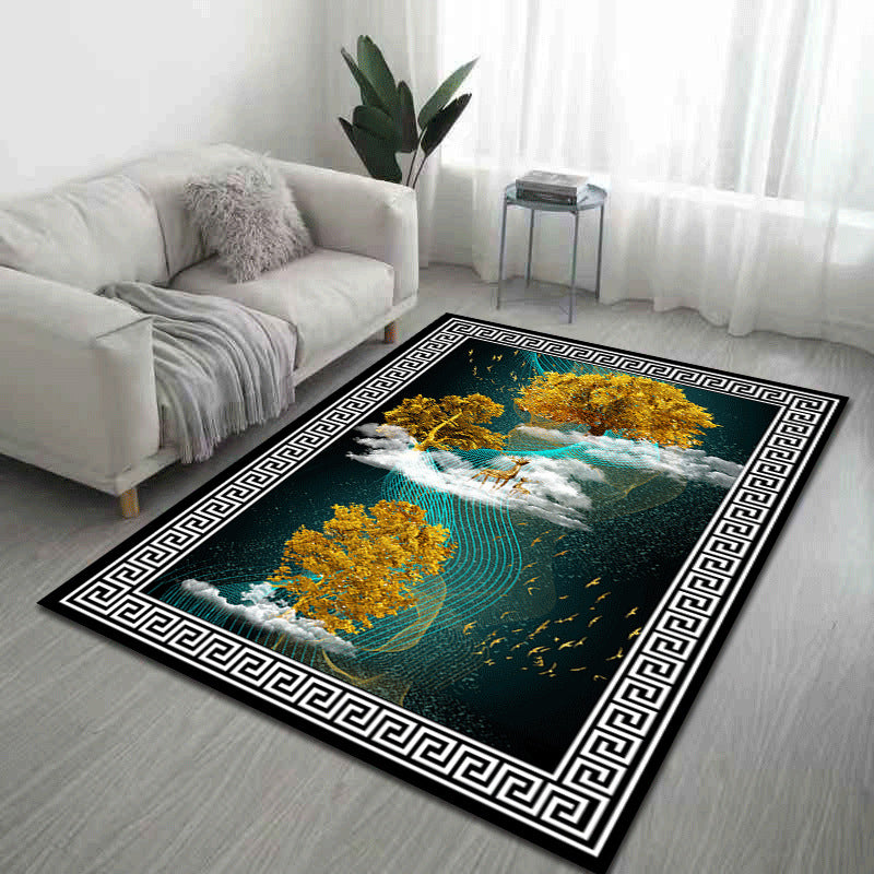 Dark Color Antique Print Rug Polyester Traditional Anti-Slip Backing Indoor Rug for Living Room