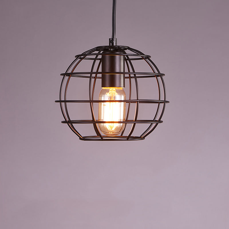 Small Cage Metal Hanging Lamp Loft Style 1 Bulb Dinner Pendant Lighting in Black