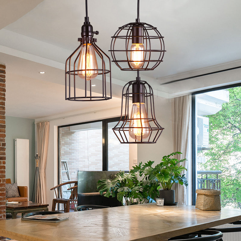 Kleiner Käfig Metallhanglampe Loft Style 1 Glühbirnen Abendessen Anhänger Beleuchtung in Schwarz