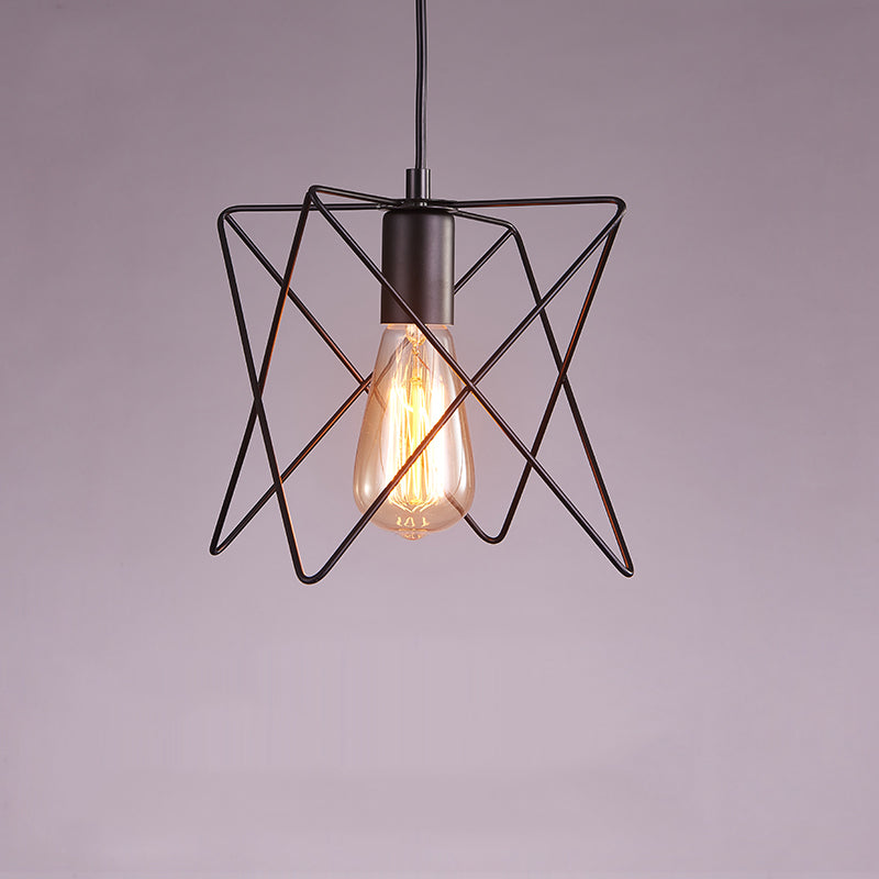 Small Cage Metal Hanging Lamp Loft Style 1 Bulb Dinner Pendant Lighting in Black