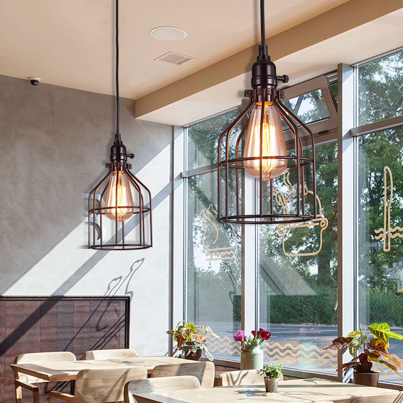 Kleiner Käfig Metallhanglampe Loft Style 1 Glühbirnen Abendessen Anhänger Beleuchtung in Schwarz