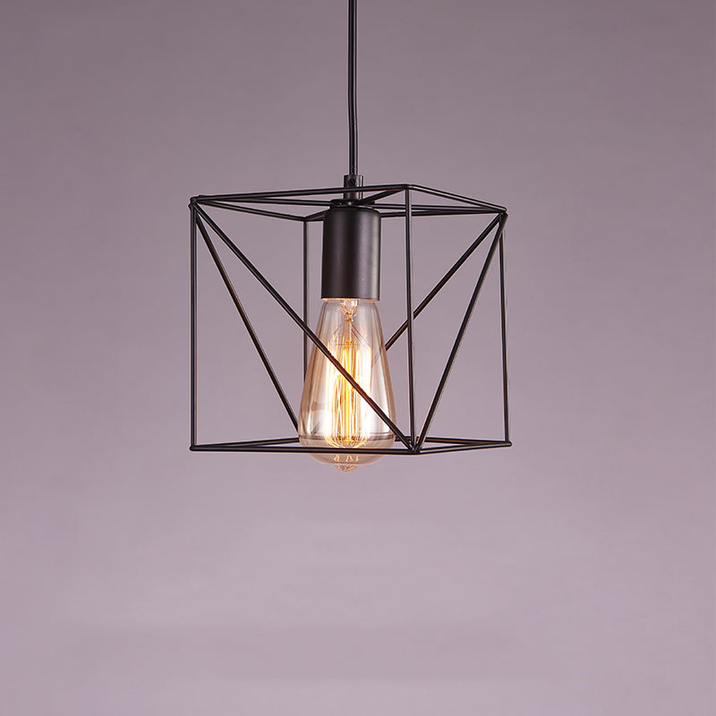 Small Cage Metal Hanging Lamp Loft Style 1 Bulb Dinner Pendant Lighting in Black