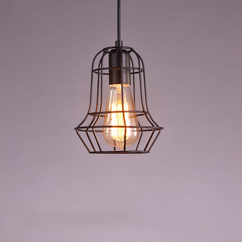 Small Cage Metal Hanging Lamp Loft Style 1 Bulb Dinner Pendant Lighting in Black