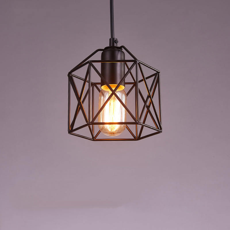 Small Cage Metal Hanging Lamp Loft Style 1 Bulb Dinner Pendant Lighting in Black