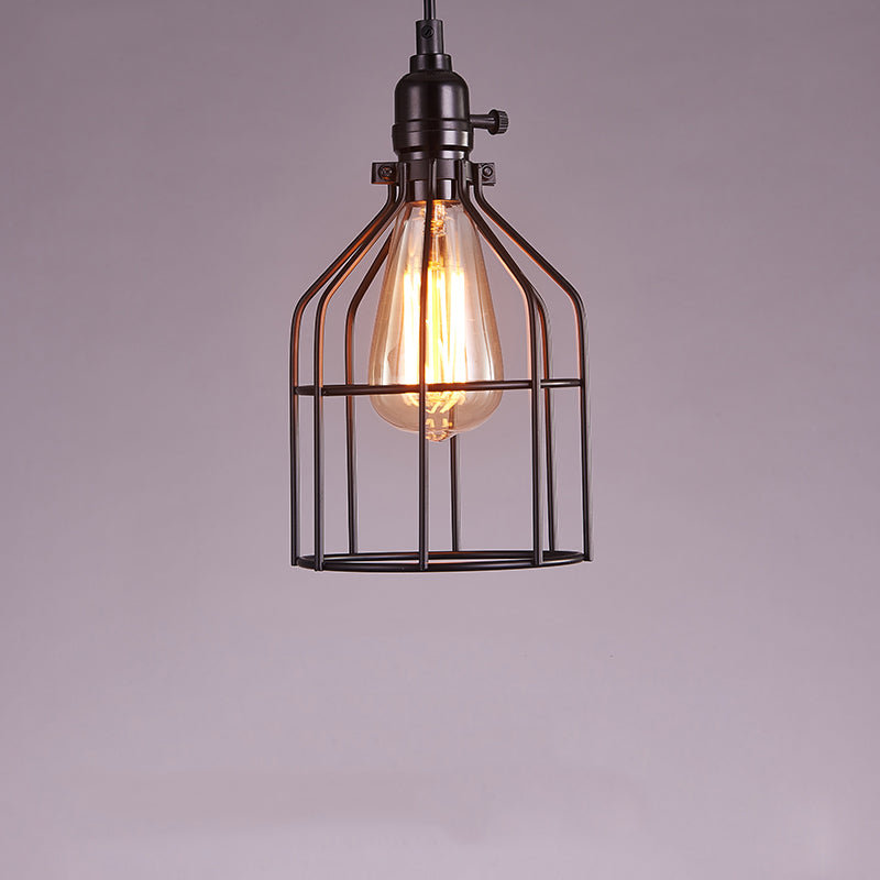 Small Cage Metal Hanging Lamp Loft Style 1 Bulb Dinner Pendant Lighting in Black