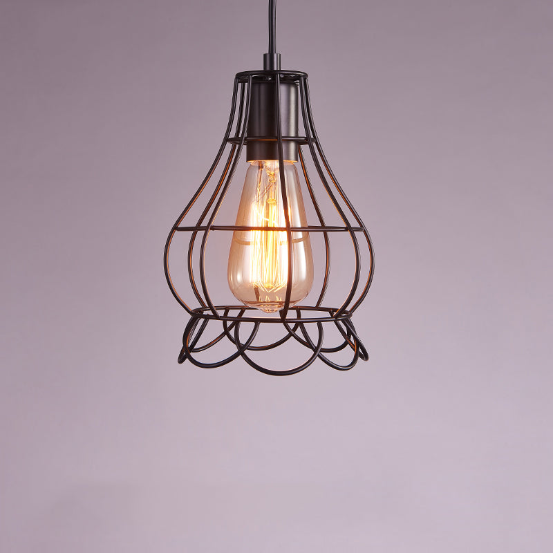 Small Cage Metal Hanging Lamp Loft Style 1 Bulb Dinner Pendant Lighting in Black