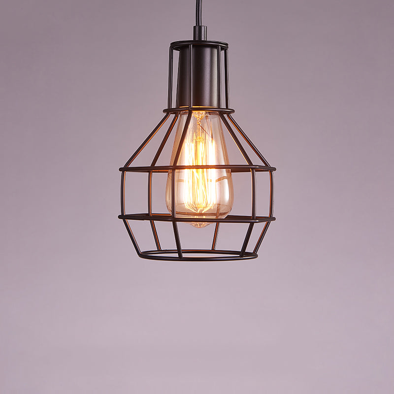 Small Cage Metal Hanging Lamp Loft Style 1 Bulb Dinner Pendant Lighting in Black