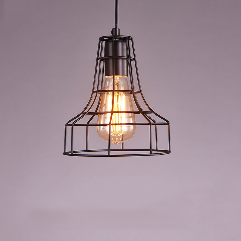 Small Cage Metal Hanging Lamp Loft Style 1 Bulb Dinner Pendant Lighting in Black