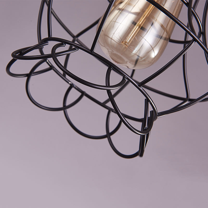 Small Cage Metal Hanging Lamp Loft Style 1 Bulb Dinner Pendant Lighting in Black