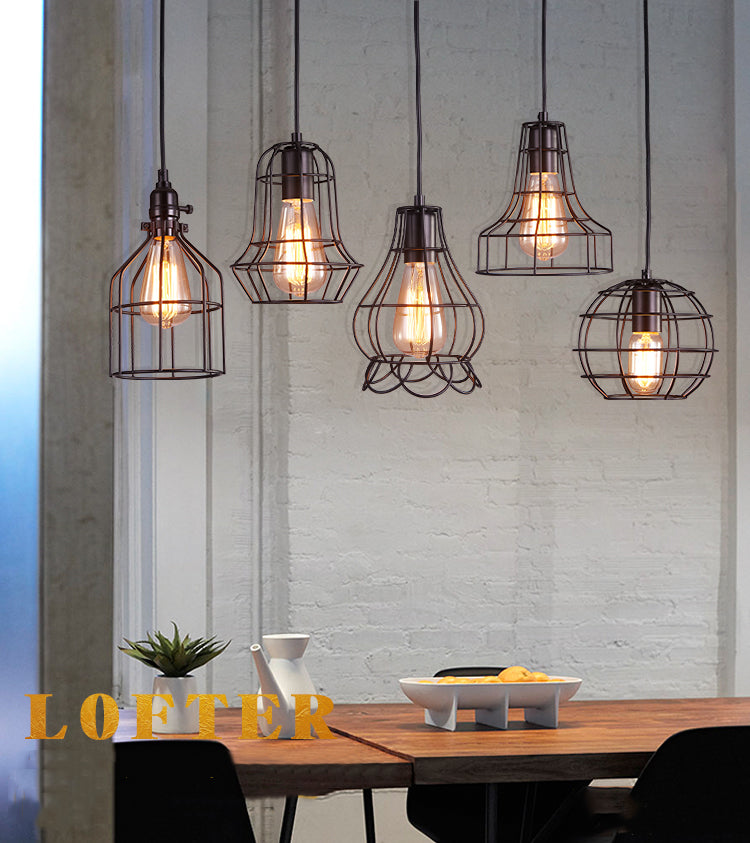 Small Cage Metal Hanging Lamp Loft Style 1 Bulb Dinner Pendant Lighting in Black