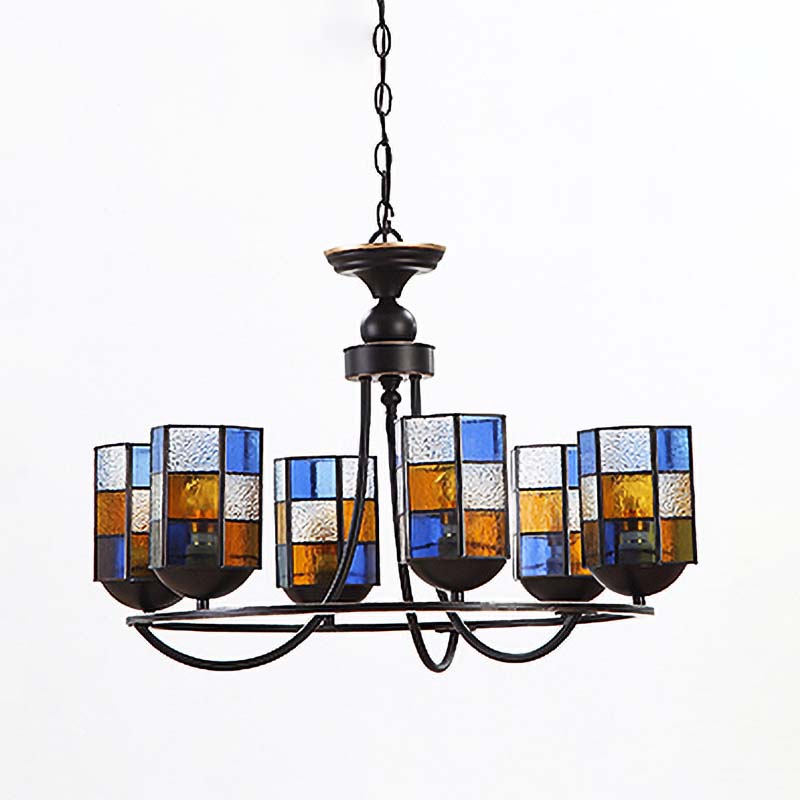 Verre en verre bleu lustre luminaire Cylindre 4/6/8 Lumières Éclairage pendentif méditerranéen pour salle à manger