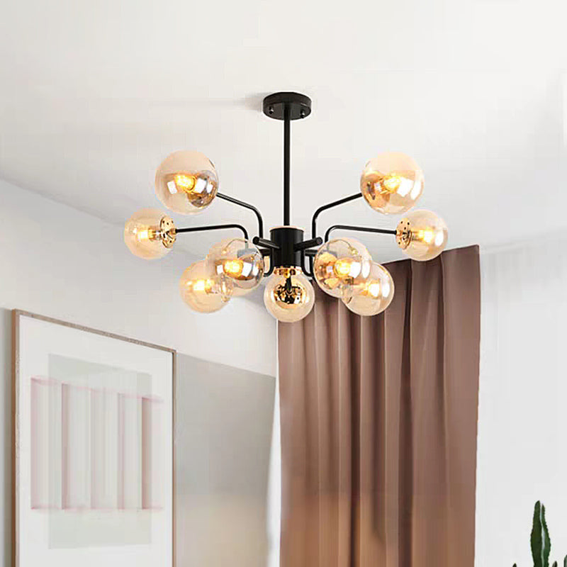 Sphere Living Room Chandelier Amber Glass 10 Bulbs Contemporary Pendant Ceiling Light in Black