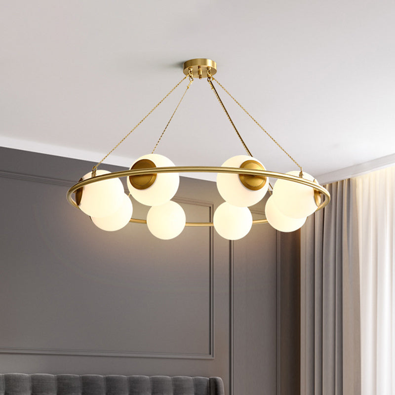 Opal Glass Ball Chandelier Lighting Modernism 8 Heads Brass Hanging Ceiling Lamp Fixture with Ring Design