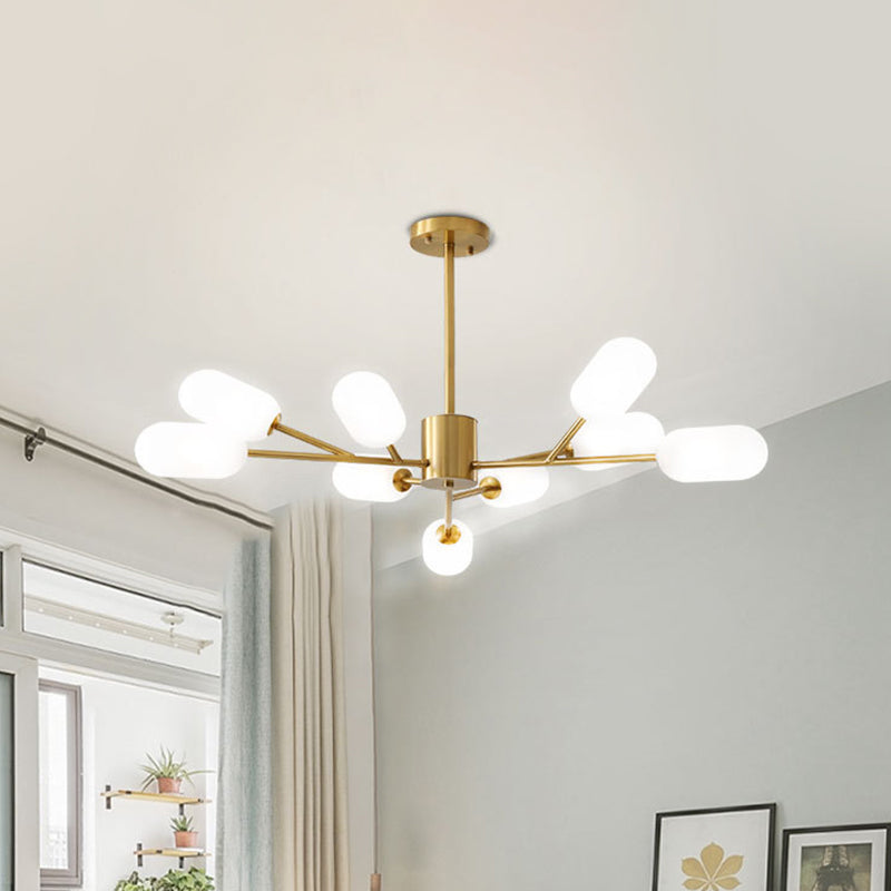 Contemporary Capsule Hanging Lighting Milk Frosted Glass 9 Bulbs Bedroom LED Chandelier Lamp in Gold