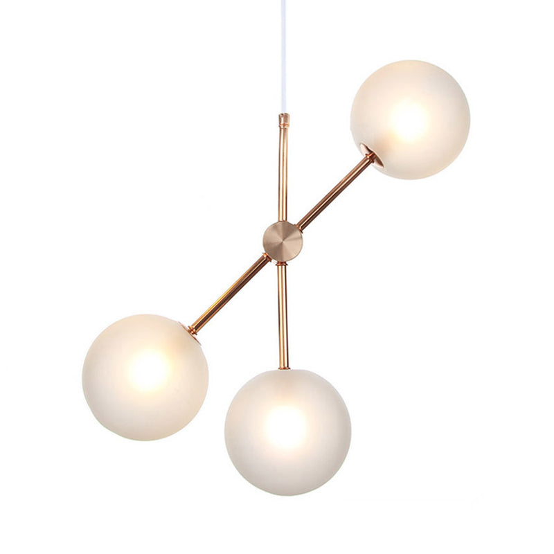 Modernist 3 Heads LED Chandelier Lamp Fixture Rose Gold Global Hanging Pendant Light with White Frosted Glass Shade