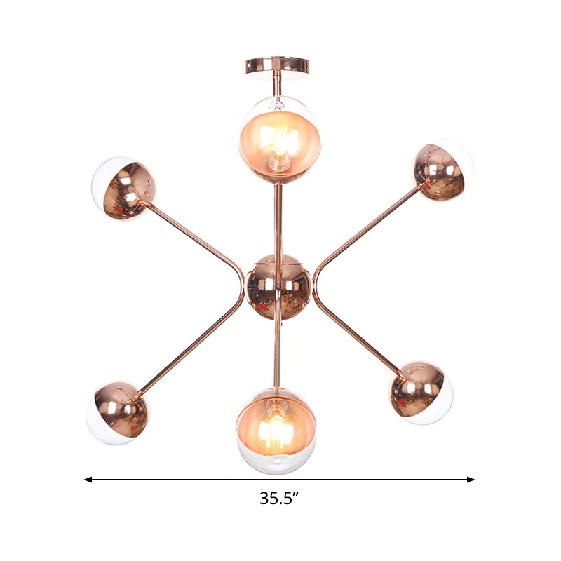 6 Lights Bedroom Hanging Ceiling Lamp Contemporary Rose Gold LED Chandelier with Modo Amber Glass Shade