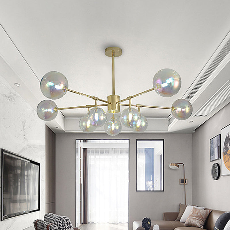 10 Heads Living Room Chandelier Lighting Modern Gold LED Pendant Lamp with Sphere Rainbow Glass Shade