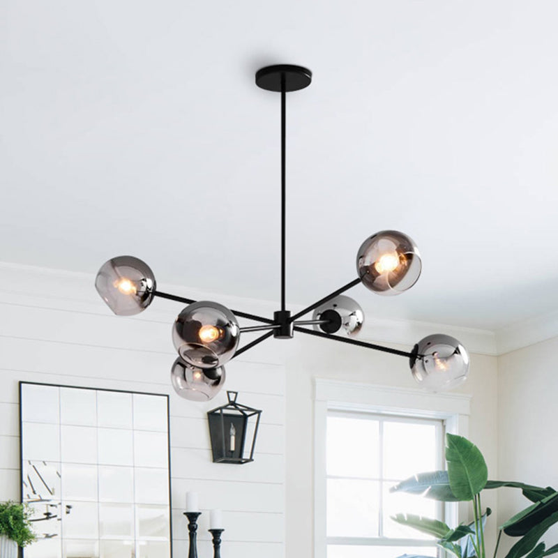 Black Round Hanging Chandelier Modernism 6 Heads Grey Glass Pendant Ceiling Light with Starburst Design