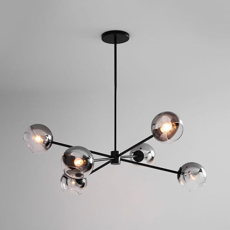 Black Round Hanging Chandelier Modernism 6 Heads Grey Glass Pendant Ceiling Light with Starburst Design