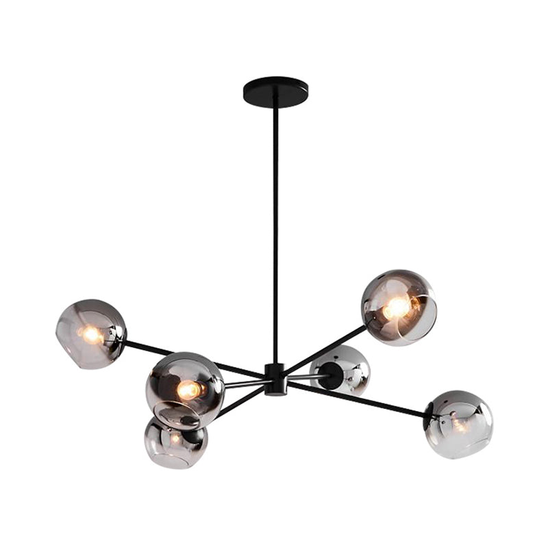 Black Round Hanging Chandelier Modernism 6 Heads Grey Glass Pendant Ceiling Light with Starburst Design