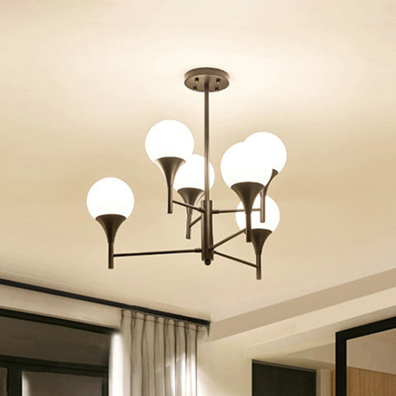 Sphere White Glass Hanging Lighting Contemporary 6 Lights Black Chandelier Lamp for Living Room