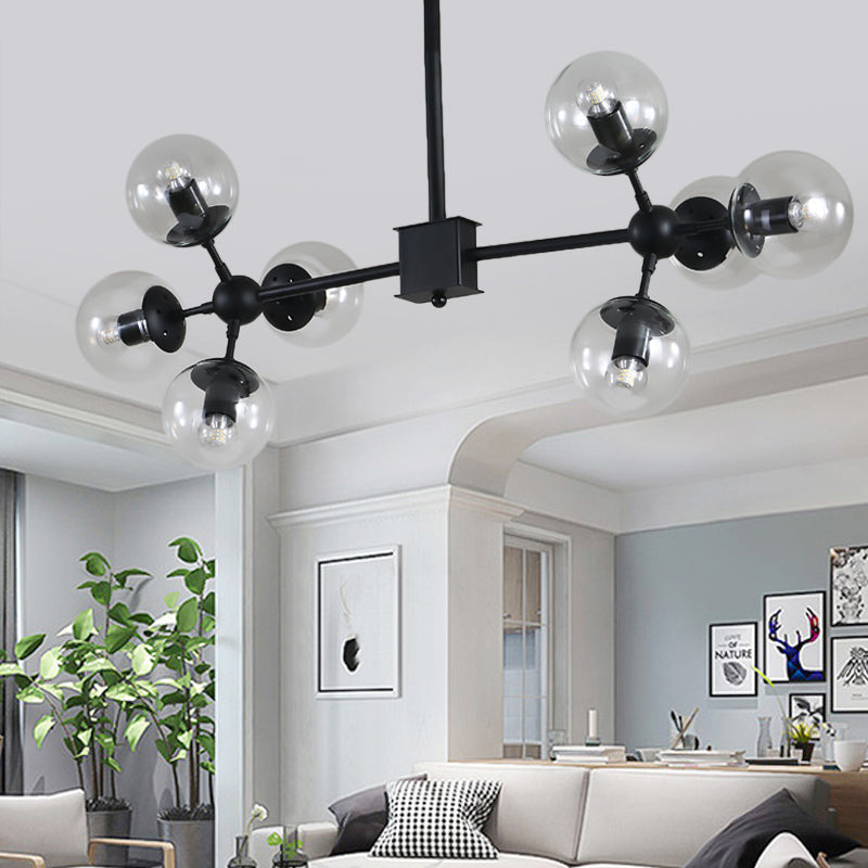 Modern 8/12 Heads Ceiling Chandelier Black Sphere Hanging Light Fixture with Clear Glass Shade