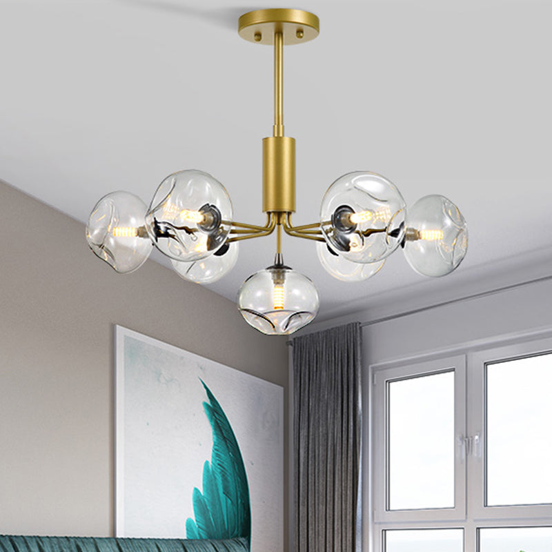 7 Heads Bedroom Ceiling Chandelier Modernist Gold Hanging Light Fixture with Orb Clear Glass Shade