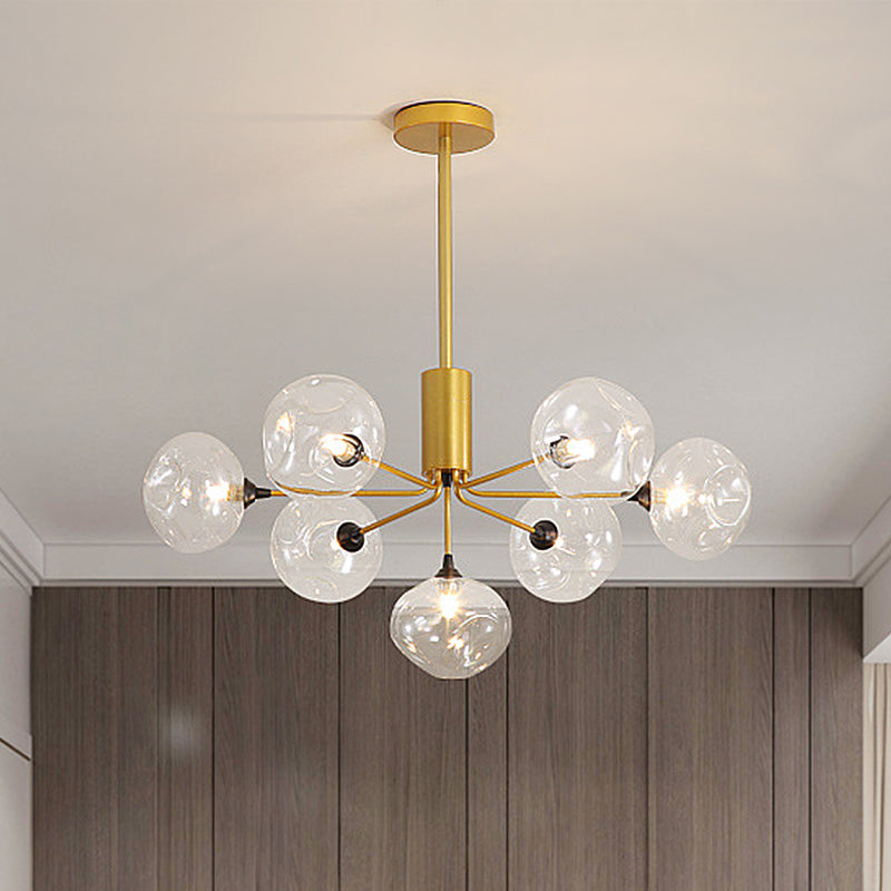 7 Heads Bedroom Ceiling Chandelier Modernist Gold Hanging Light Fixture with Orb Clear Glass Shade