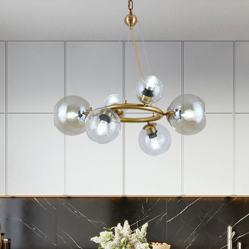 Gold Spherical Pendant Chandelier Contemporary 6/9 Heads Clear Glass Ceiling Hanging Light