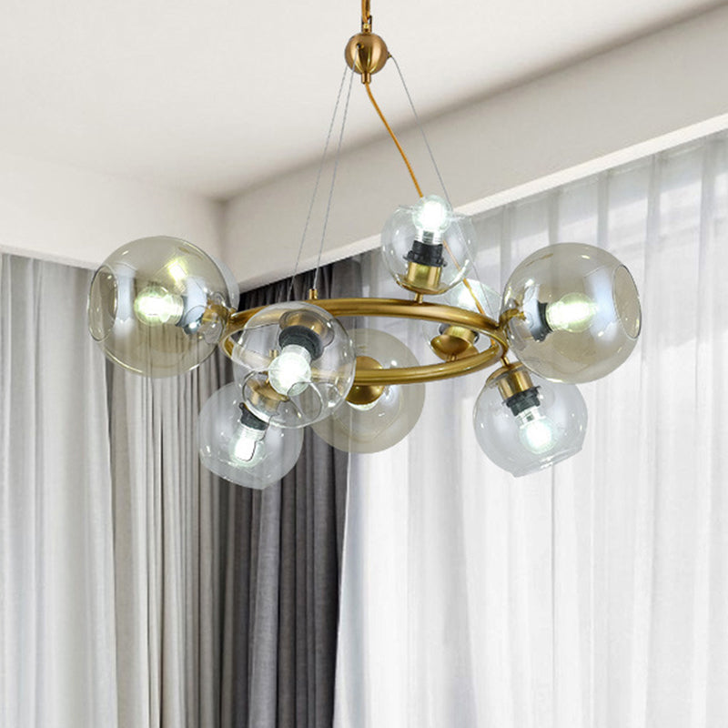 Gold Spherical Pendant Chandelier Contemporary 6/9 Heads Clear Glass Ceiling Hanging Light