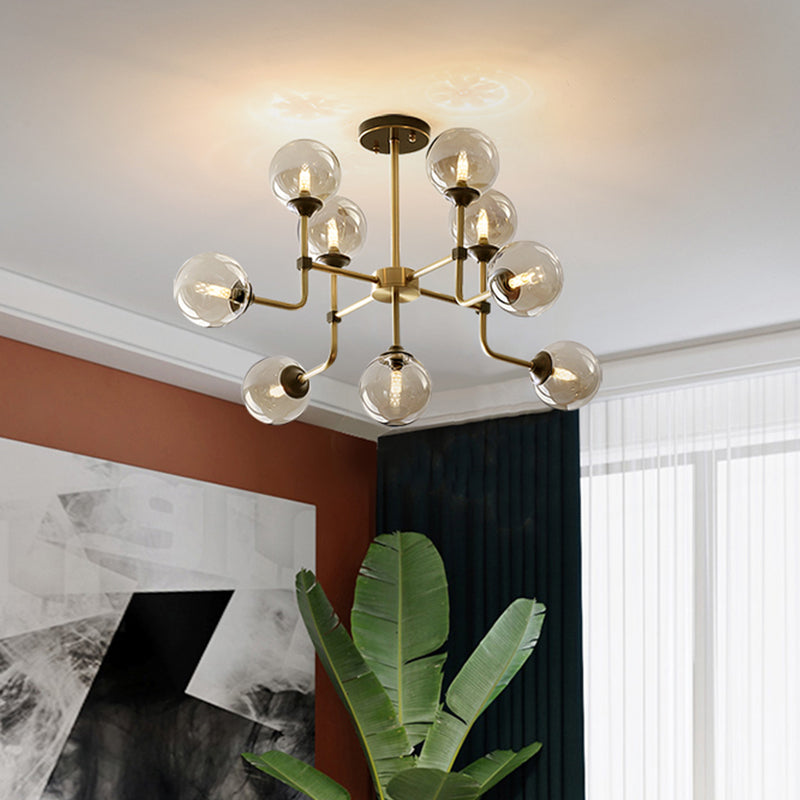 Amber Globe Globe Semi Flush Moderniste 9/13 Bulbes Plafond Mount Lightture en laiton