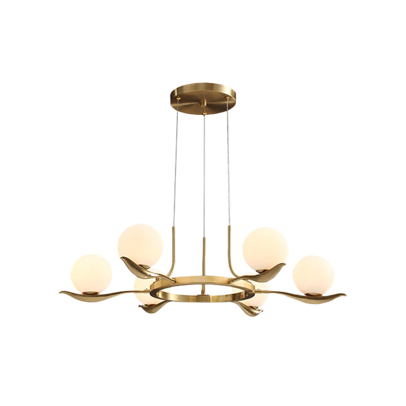 Frosted White Glass Ball Ceiling Chandelier Modern 6 Heads Suspended Lighting Fixture in Brass