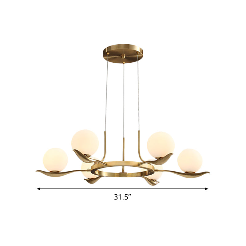 Frosted White Glass Ball Ceiling Chandelier Modern 6 Heads Suspended Lighting Fixture in Brass