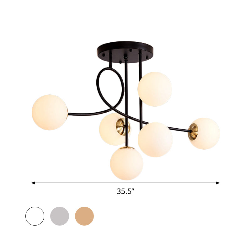 Metal Armed Ceiling Chandelier Modernist 6 Bulbs Black/Gold Hanging Light Fixture with Smoke Grey/Cognac/Milk White Glass Shade