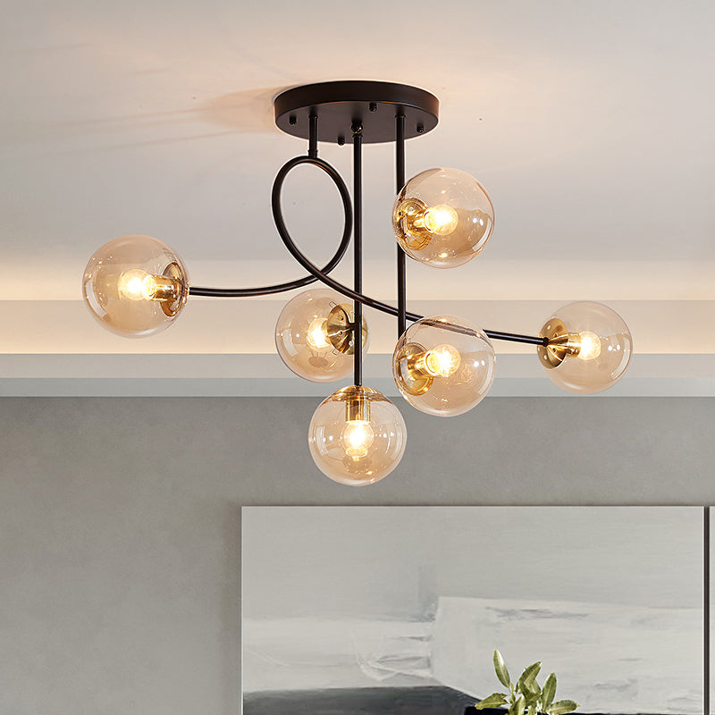 Metal Armed Ceiling Chandelier Modernist 6 Bulbs Black/Gold Hanging Light Fixture with Smoke Grey/Cognac/Milk White Glass Shade