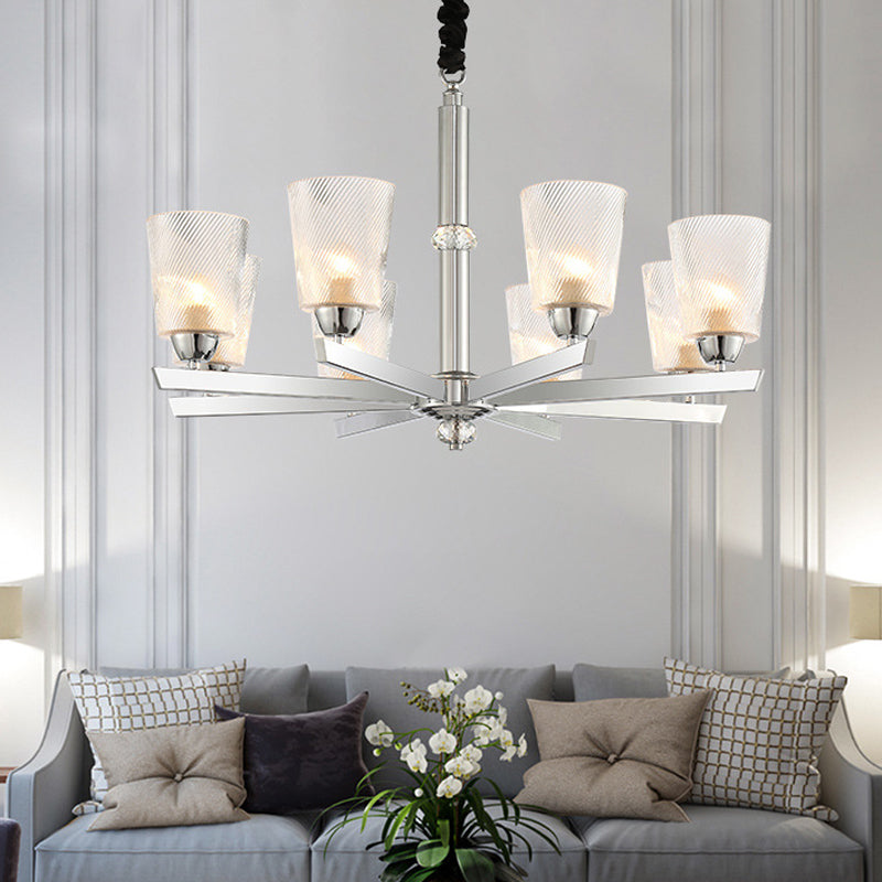 8 Bulbs Flared Pendant Chandelier Modernism Ribbed Glass Hanging Ceiling Light in Chrome