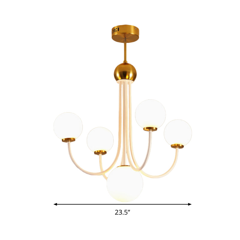 White Glass Spherical Ceiling Chandelier Contemporary 5/7 Bulbs Hanging Light Fixture in Gold