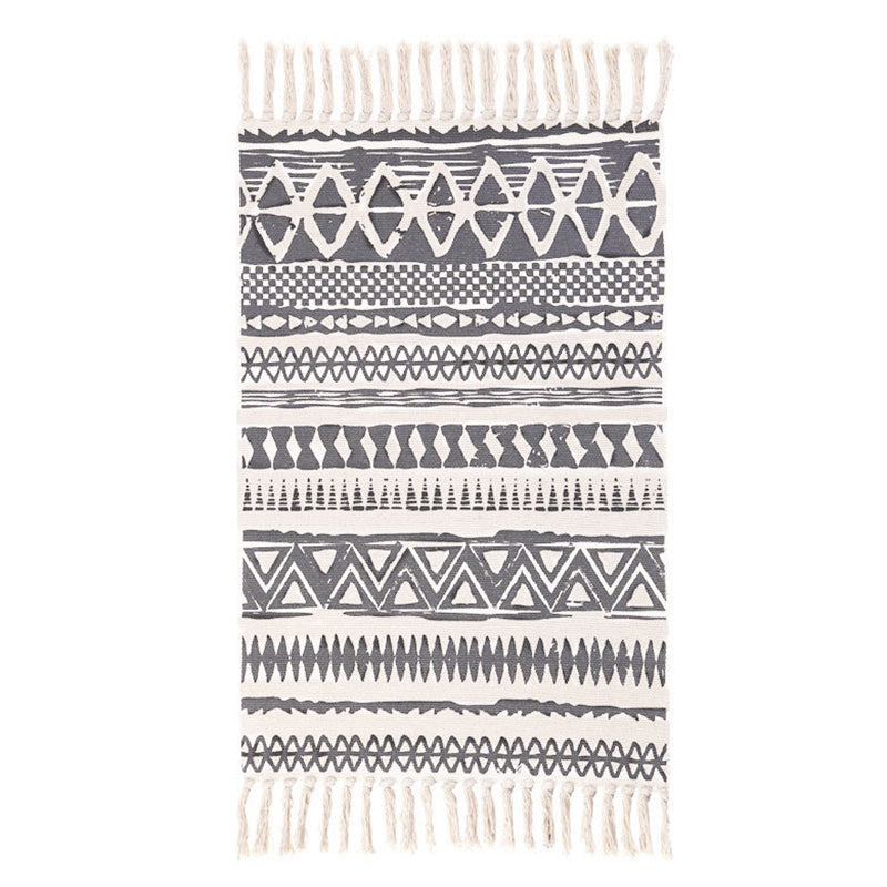 White Tone Bohemian Area Rug Cotton Leaves Print Rug Fringe Indoor Rug for Home Decoration