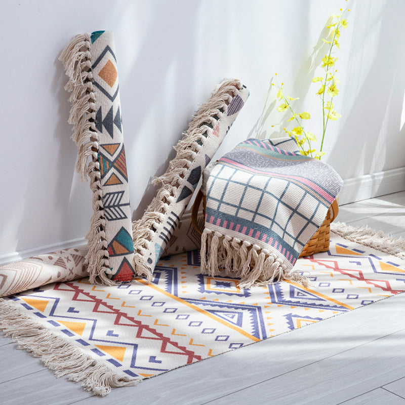 Witte toon Boheems vloerkleed katoenen bladeren Print Rug Fringe binnen Tapijt voor woningdecoratie