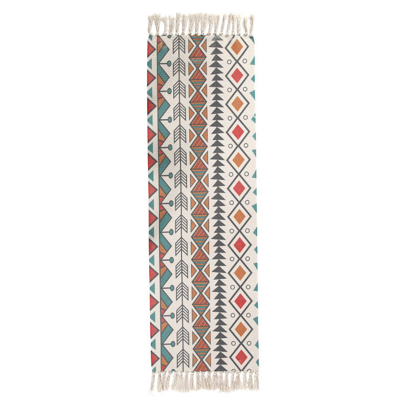 White Tone Bohemian Area Rug Cotton Leaves Print Rug Fringe Indoor Rug for Home Decoration