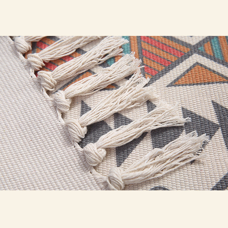 White Tone Bohemian Area Rug Cotton Leaves Print Rug Fringe Indoor Rug for Home Decoration