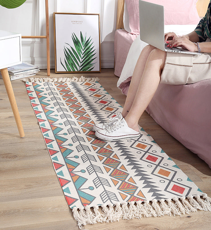 White Tone Bohemian Area Rug Cotton Leaves Print Rug Fringe Indoor Rug for Home Decoration